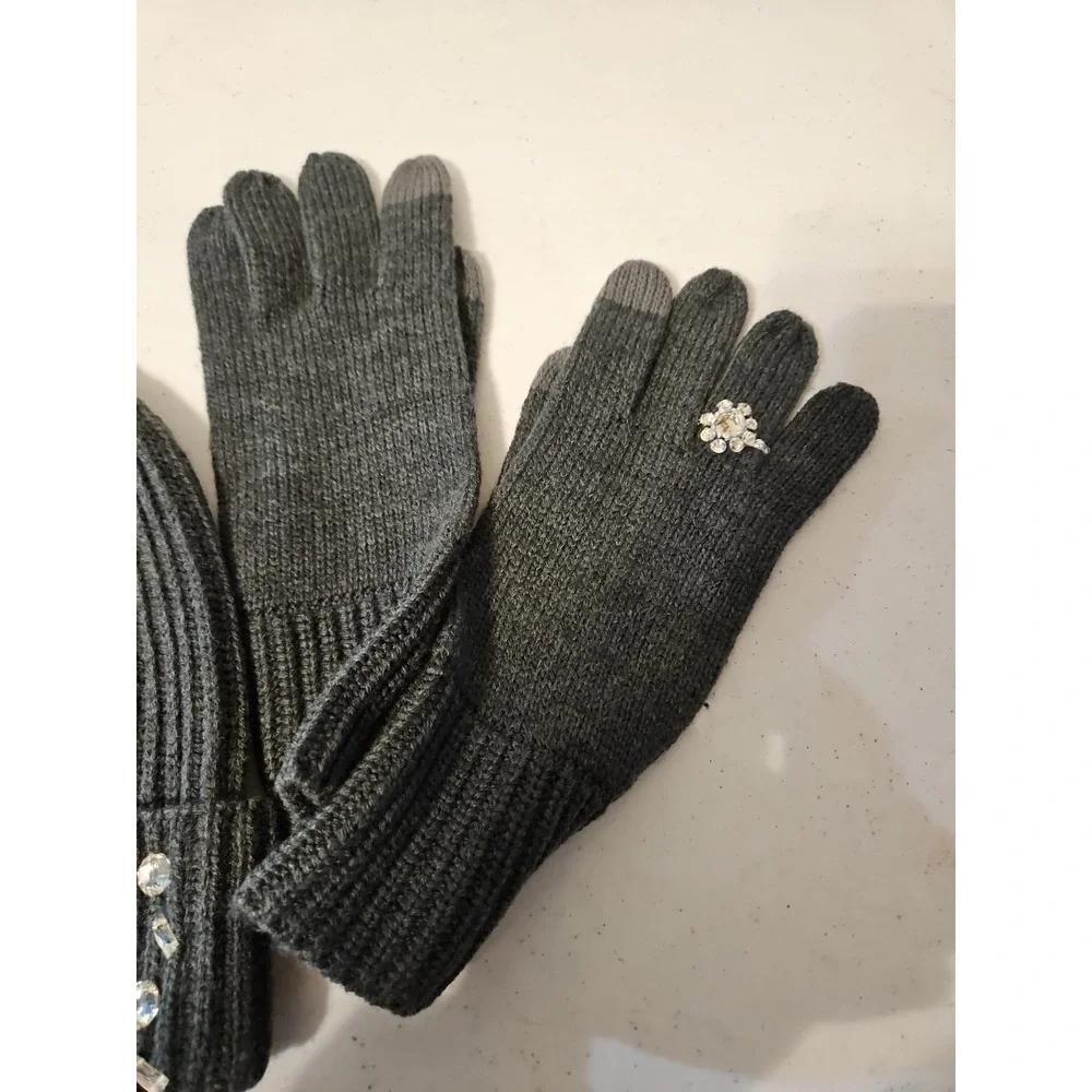 KATE SPADE Beanie‎ and Glove Gems Charcoal GREY New Without Box (A968)